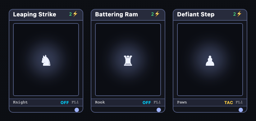 Three Battle Cards, Leaping Strike, Battering Ram, and Defiant Step, displayed side by side in a player collection