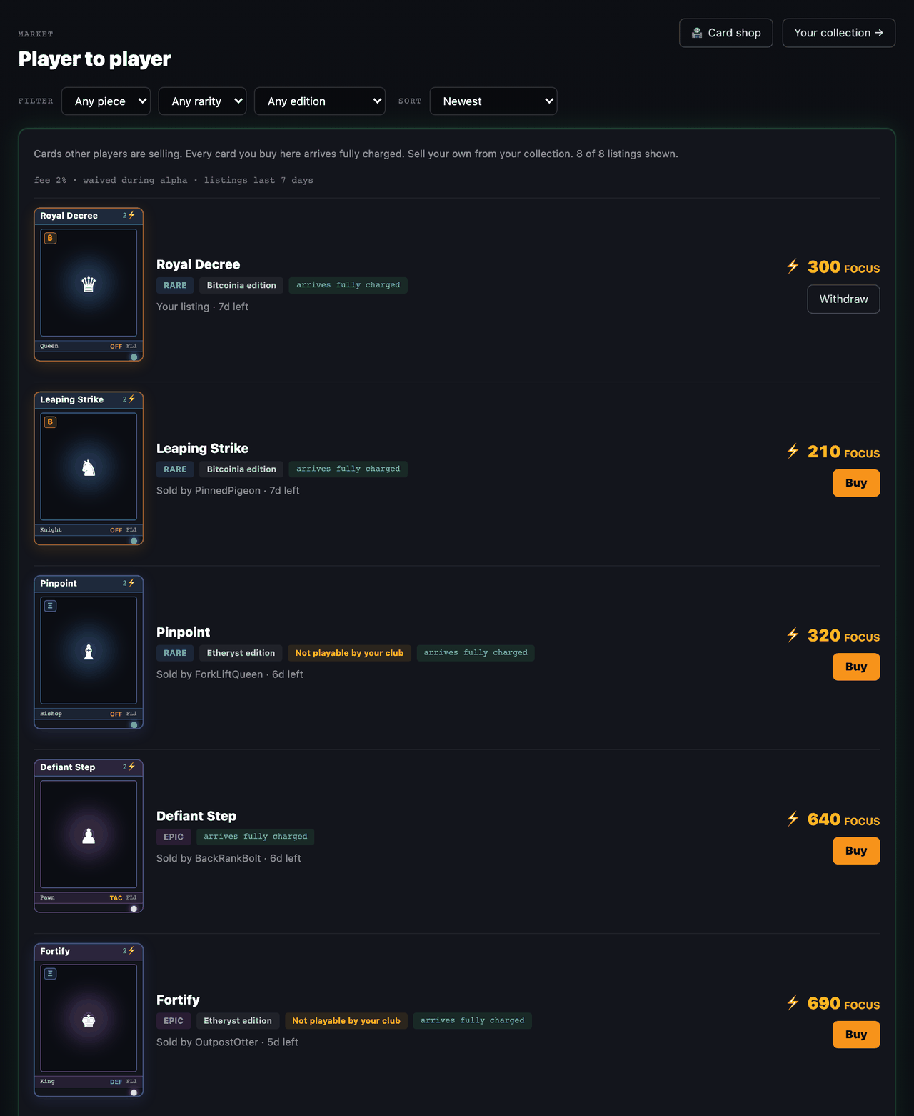 The Market page with filters for piece, rarity and edition, and listings for Royal Decree, Leaping Strike, Pinpoint, Defiant Step and Fortify, each with its rarity, edition, seller, days left and price in FOCUS