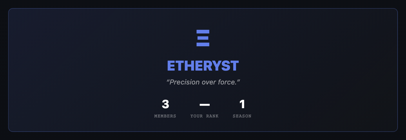 The Etheryst club screen showing the club crest, the motto Precision over force, the member count, your current rank, and the active season