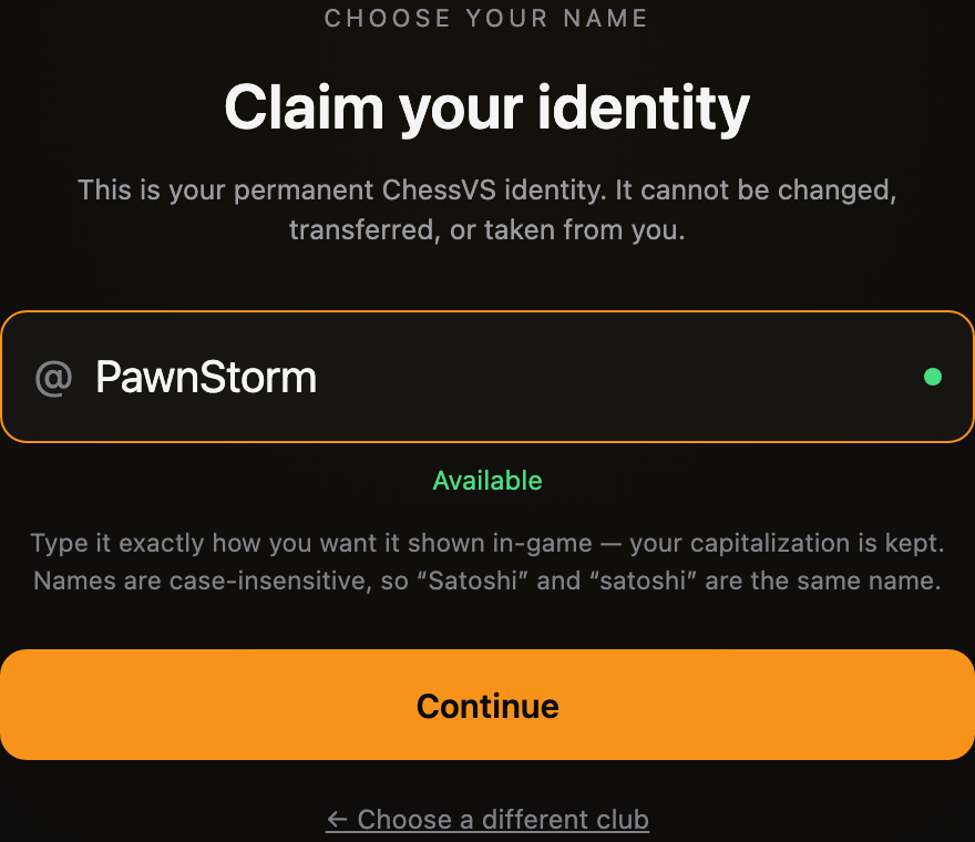 The Claim your identity step with an @name field marked Available, a note that your capitalization is kept, and a Continue button