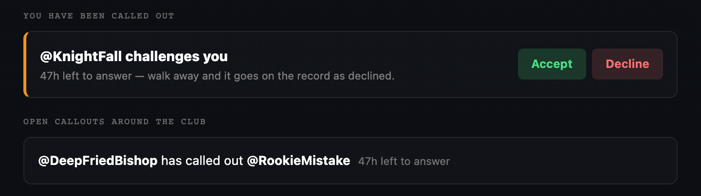 An incoming duel callout with Accept and Decline buttons, a 47 hour countdown to answer, and a list of other open callouts around the club