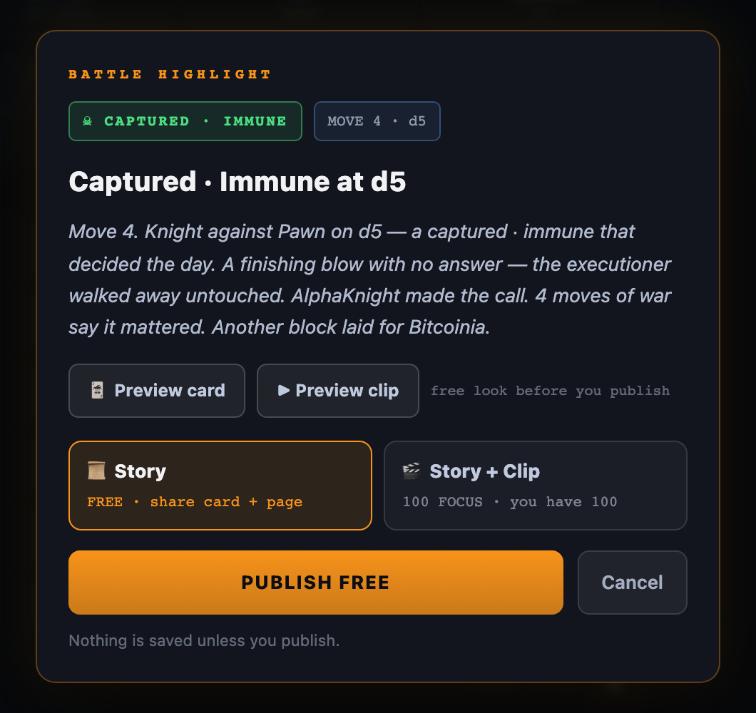 The publish window showing the result chip, the generated title and story, preview buttons for the card and clip, and the choice between the free Story option and the Story + Clip option for FOCUS