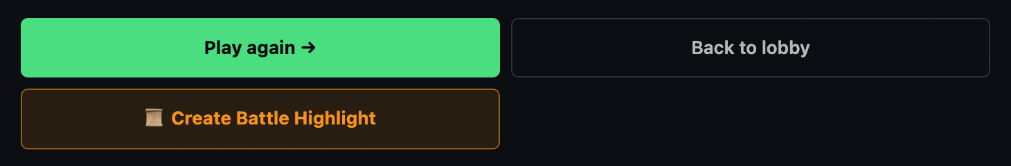 The results screen after a game, with Play again, Back to lobby, and Create Battle Highlight buttons