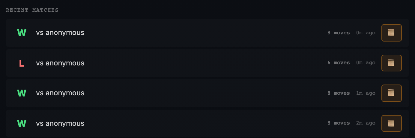 A recent matches list on the profile page showing each result with a button to open the match highlight