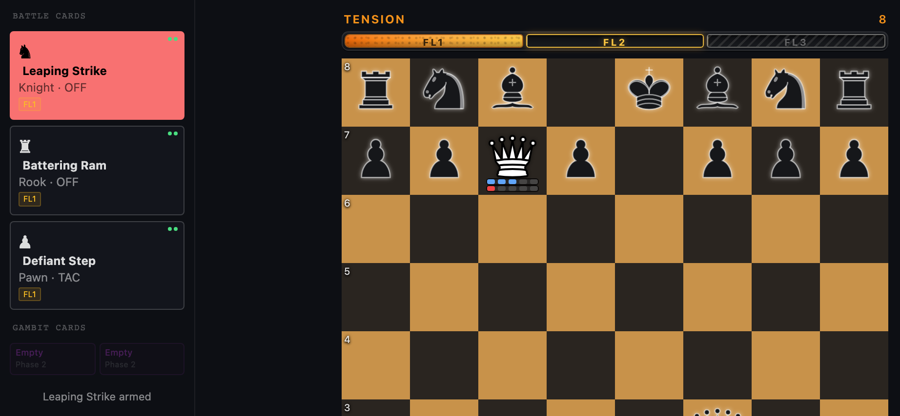 The card tray beside the board with Leaping Strike armed, and the Tension Gauge above the board showing the FL1 and FL2 bars lit.
