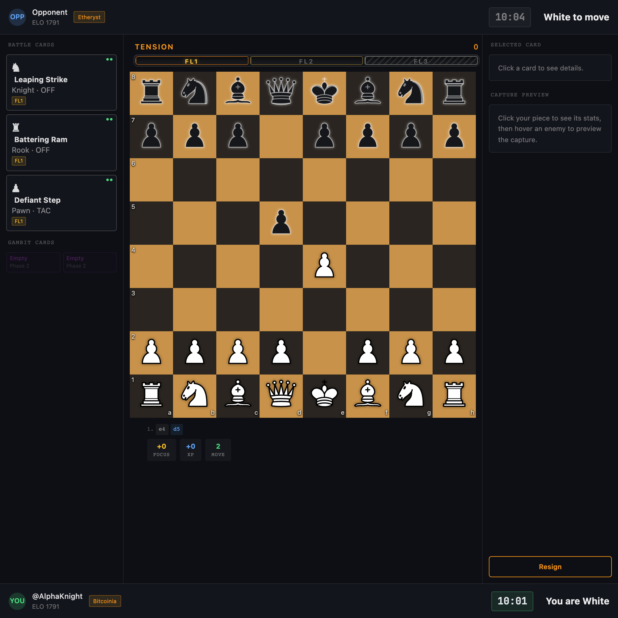 The full match screen after the opening moves, with the board in the center, both player bars and clocks, the move strip, and your card and capture-preview columns on either side