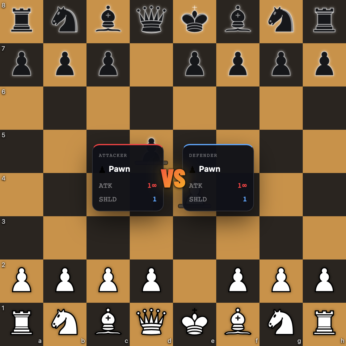 Two pawns meeting in a capture, each showing an ATK and SHLD plate face to face over the board